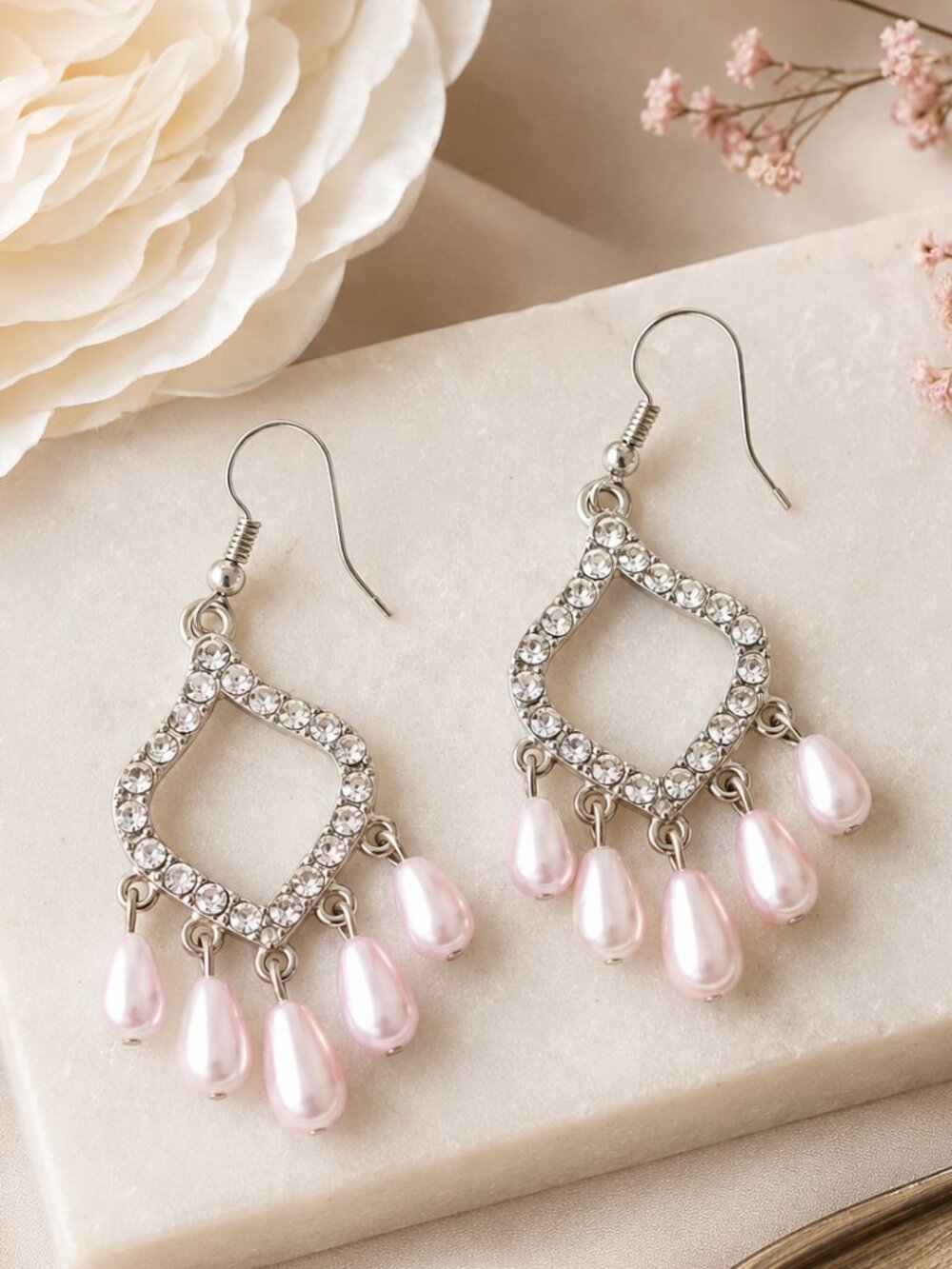 Pink Faux Pearl Rhinestone Chandelier Dangle Earrings Silver Tone